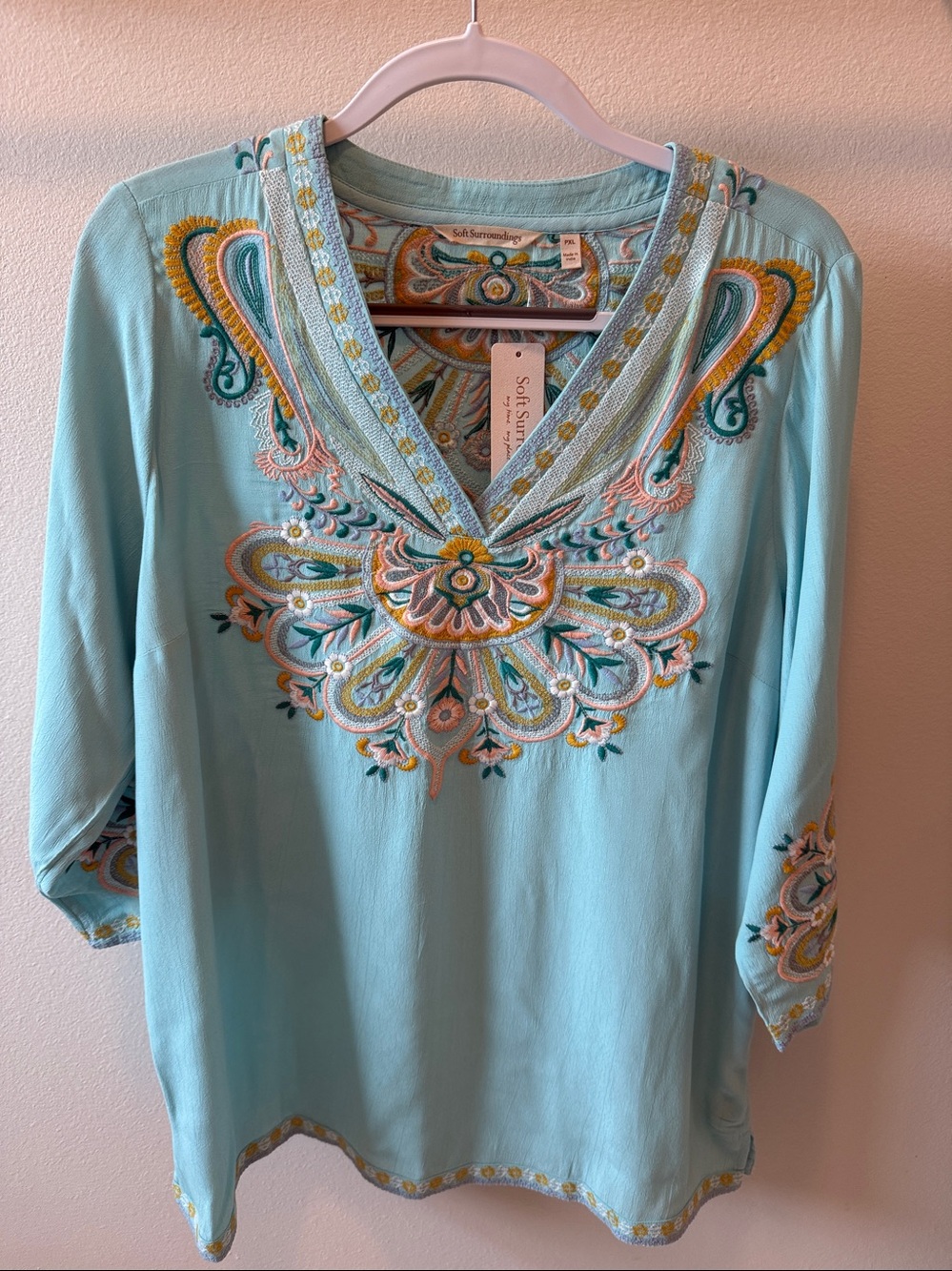 Soft Surroundings Embroidered Seafoam V-Neck Tunic